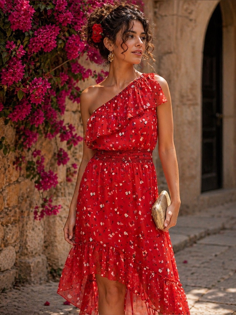 Joie One-Shoulder Red Hafsa Silk Floral Ruffle Dress